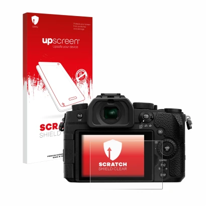 Face avant d’un emballage produit avec le logo de la marque upscreen. À côté, l’appareil Panasonic Lumix DC-G91 est représenté