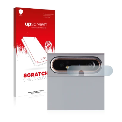 Face avant d’un emballage produit avec le logo de la marque upscreen. À côté, l’appareil Samsung Galaxy A80 (Caméra UNIQUEMENT