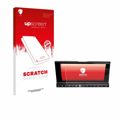 Face avant d’un emballage produit avec le logo de la marque upscreen. À côté, l’appareil DS 7 Crossback Infotainmentsystem est