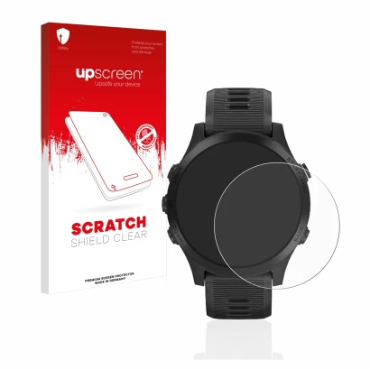 Face avant d’un emballage produit avec le logo de la marque upscreen. À côté, l’appareil Garmin Forerunner 945 est représenté