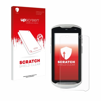 Face avant d’un emballage produit avec le logo de la marque upscreen. À côté, l’appareil Zebra TC52-HC est représenté avec la