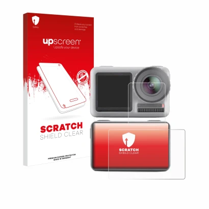 Face avant d’un emballage produit avec le logo de la marque upscreen. À côté, l’appareil DJI Osmo Action est représenté avec l
