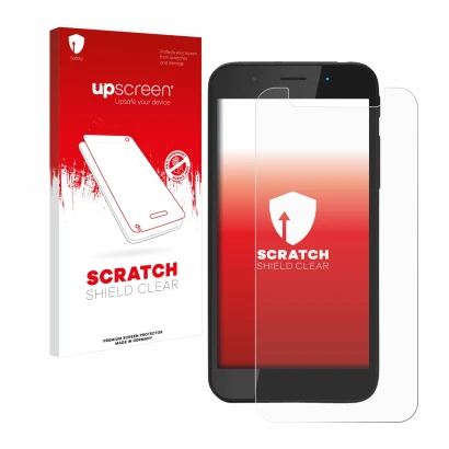 Face avant d’un emballage produit avec le logo de la marque upscreen. À côté, l’appareil Shiftphones Shift5me est représenté a