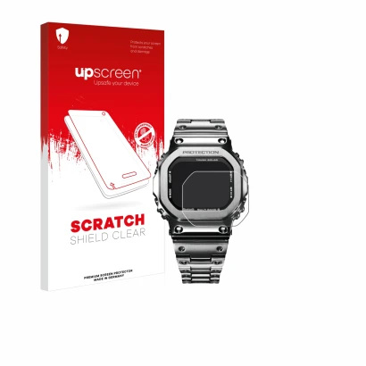 Face avant d’un emballage produit avec le logo de la marque upscreen. À côté, l’appareil Casio G-Shock GMW-B5000D-1ER est repr