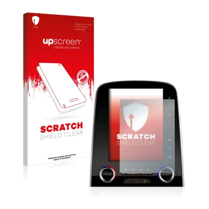 Face avant d’un emballage produit avec le logo de la marque upscreen. À côté, l’appareil Renault Scenic R-Link 2 8.7" est repr
