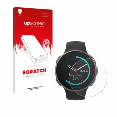 Face avant d’un emballage produit avec le logo de la marque upscreen. À côté, l’appareil Polar Vantage V Titan est représenté