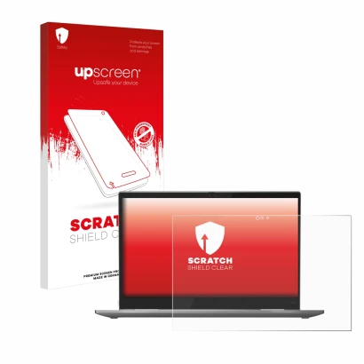 Face avant d’un emballage produit avec le logo de la marque upscreen. À côté, l’appareil Lenovo ThinkPad X1 Yoga (4ème Gen.) e