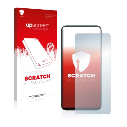Face avant d’un emballage produit avec le logo de la marque upscreen. À côté, l’appareil Oppo Reno 2 est représenté avec la pr