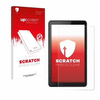 Face avant d’un emballage produit avec le logo de la marque upscreen. À côté, l’appareil Lenovo Tab M7 est représenté avec la 