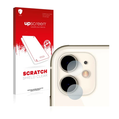 Face avant d’un emballage produit avec le logo de la marque upscreen. À côté, l’appareil Apple iPhone 11 (Caméra UNIQUEMENT) e