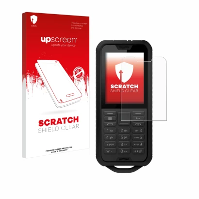 Face avant d’un emballage produit avec le logo de la marque upscreen. À côté, l’appareil Nokia 800 Tough est représenté avec l