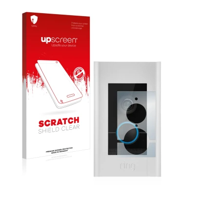 Face avant d’un emballage produit avec le logo de la marque upscreen. À côté, l’appareil Ring Video Doorbell Elite est représe