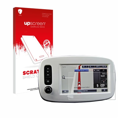 Face avant d’un emballage produit avec le logo de la marque upscreen. À côté, l’appareil TomTom Smart 453 2018 est représenté