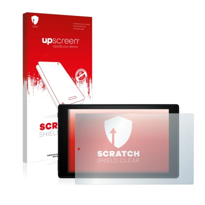 Face avant d’un emballage produit avec le logo de la marque upscreen. À côté, l’appareil Amazon Fire HD 10 2019 (9ème Gen.) es