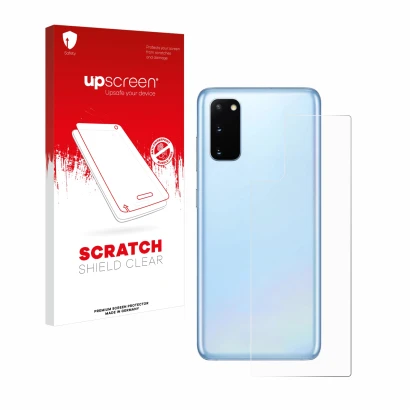 Face avant d’un emballage produit avec le logo de la marque upscreen. À côté, l’appareil Samsung Galaxy S20 (Arrière) est repr