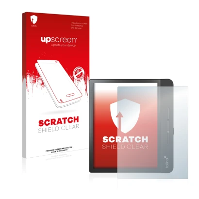 Face avant d’un emballage produit avec le logo de la marque upscreen. À côté, l’appareil Tolino Epos 2 est représenté avec la
