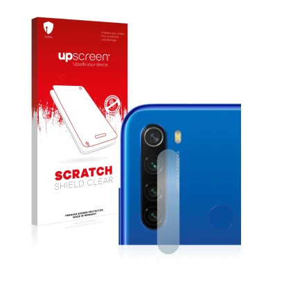 Face avant d’un emballage produit avec le logo de la marque upscreen. À côté, l’appareil Xiaomi Redmi Note 8T (Caméra UNIQUEME