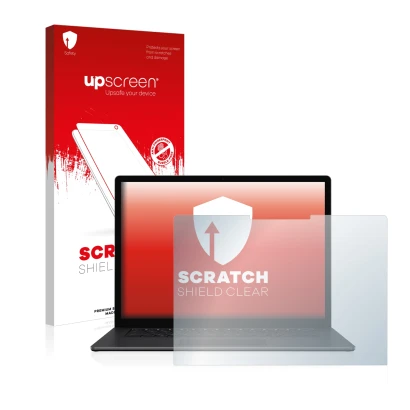 Face avant d’un emballage produit avec le logo de la marque upscreen. À côté, l’appareil Microsoft Surface Laptop 3 15" est re