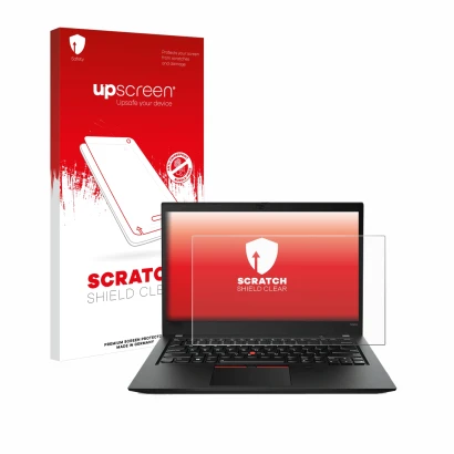 Face avant d’un emballage produit avec le logo de la marque upscreen. À côté, l’appareil Lenovo ThinkPad T490s est représenté