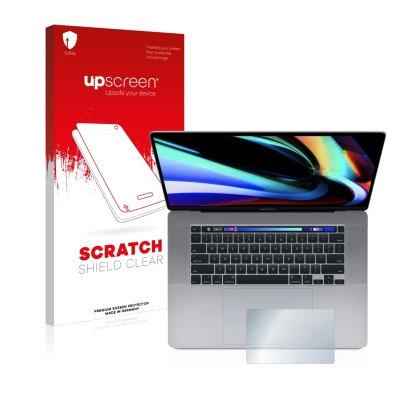 Face avant d’un emballage produit avec le logo de la marque upscreen. À côté, l’appareil Apple MacBook Pro 16