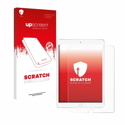Face avant d’un emballage produit avec le logo de la marque upscreen. À côté, l’appareil Apple iPad 10.2" WiFi 2019 (7ème Gen.