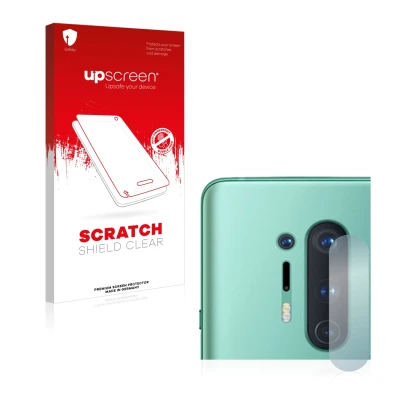 Face avant d’un emballage produit avec le logo de la marque upscreen. À côté, l’appareil OnePlus 8 Pro (Caméra UNIQUEMENT) est