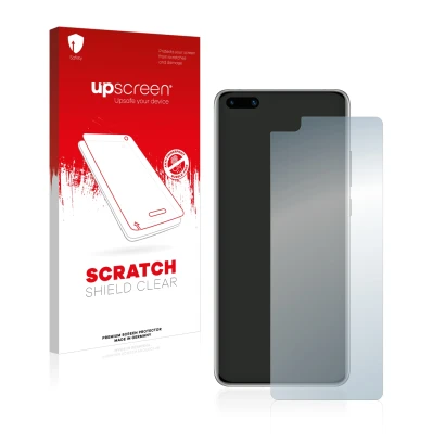 Face avant d’un emballage produit avec le logo de la marque upscreen. À côté, l’appareil Huawei P40 est représenté avec la pro