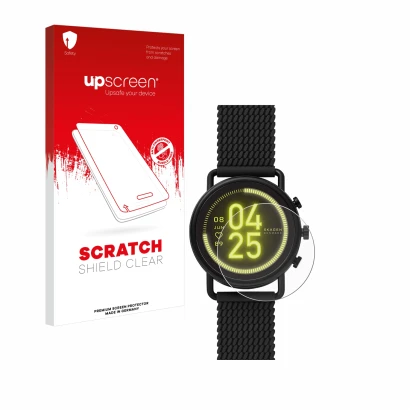 Face avant d’un emballage produit avec le logo de la marque upscreen. À côté, l’appareil Skagen Smartwatch Falster 3 est repré