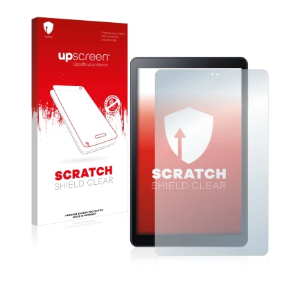 Face avant d’un emballage produit avec le logo de la marque upscreen. À côté, l’appareil Samsung Galaxy Tab A 10.5 WiFi 2018 e