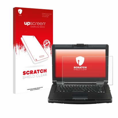 Face avant d’un emballage produit avec le logo de la marque upscreen. À côté, l’appareil Panasonic Toughbook FZ-55 Touch est r