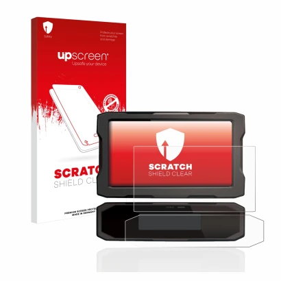 Face avant d’un emballage produit avec le logo de la marque upscreen. À côté, l’appareil Honda CRF1100L 2020 Affichage de la v