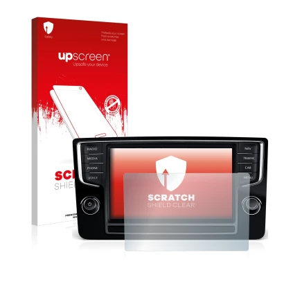 Face avant d’un emballage produit avec le logo de la marque upscreen. À côté, l’appareil Volkswagen Golf Sportsvan 2015 Discov