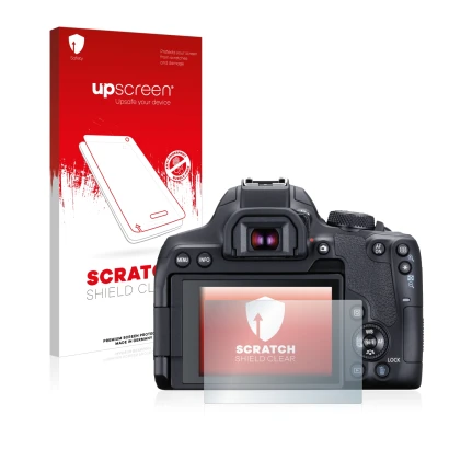 Face avant d’un emballage produit avec le logo de la marque upscreen. À côté, l’appareil Canon EOS 850D est représenté avec la