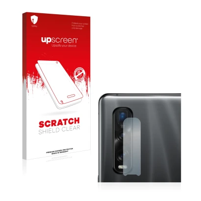 Face avant d’un emballage produit avec le logo de la marque upscreen. À côté, l’appareil Oppo Find X2 Pro (Caméra UNIQUEMENT) 