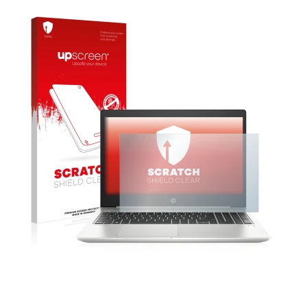 Face avant d’un emballage produit avec le logo de la marque upscreen. À côté, l’appareil HP ProBook 450 G6 est représenté avec