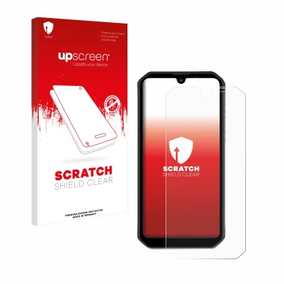 Face avant d’un emballage produit avec le logo de la marque upscreen. À côté, l’appareil Blackview BV9900 Pro est représenté a