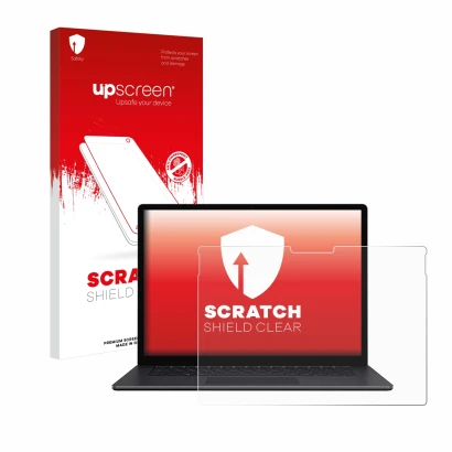 Face avant d’un emballage produit avec le logo de la marque upscreen. À côté, l’appareil Microsoft Surface Book 3 15" est repr