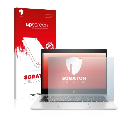 Face avant d’un emballage produit avec le logo de la marque upscreen. À côté, l’appareil HP EliteBook x360 830 G6 est représen