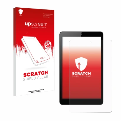 Face avant d’un emballage produit avec le logo de la marque upscreen. À côté, l’appareil Huawei MediaPad M5 Lite 8" est représ