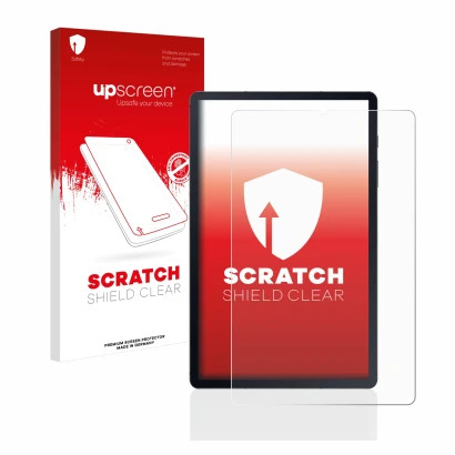 Face avant d’un emballage produit avec le logo de la marque upscreen. À côté, l’appareil Samsung Galaxy Tab S6 Lite WiFi 2020