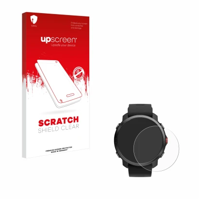 Face avant d’un emballage produit avec le logo de la marque upscreen. À côté, l’appareil Polar Grit X est représenté avec la p