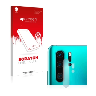 Face avant d’un emballage produit avec le logo de la marque upscreen. À côté, l’appareil Huawei P30 Pro New Edition (Caméra UN