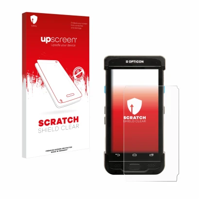 Face avant d’un emballage produit avec le logo de la marque upscreen. À côté, l’appareil Opticon H-31 est représenté avec la p