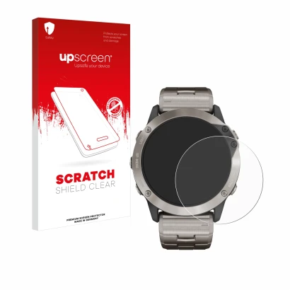 Face avant d’un emballage produit avec le logo de la marque upscreen. À côté, l’appareil Garmin quatix 6x Solar est représenté