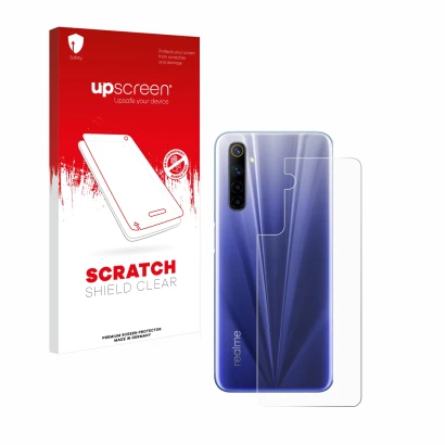 Face avant d’un emballage produit avec le logo de la marque upscreen. À côté, l’appareil realme 6 (Arrière) est représenté ave