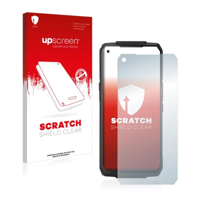 Face avant d’un emballage produit avec le logo de la marque upscreen. À côté, l’appareil Oukitel WP7 est représenté avec la pr