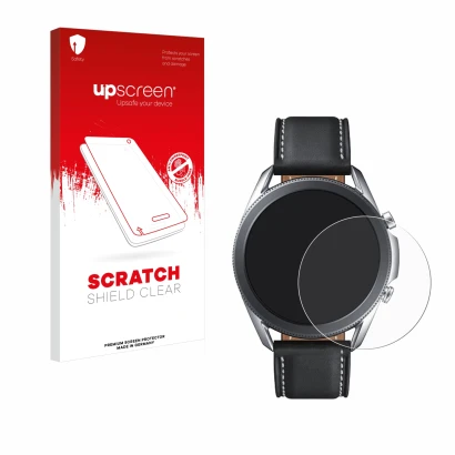 Face avant d’un emballage produit avec le logo de la marque upscreen. À côté, l’appareil Samsung Galaxy Watch 3 (45mm) est rep