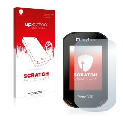 Face avant d’un emballage produit avec le logo de la marque upscreen. À côté, l’appareil Bryton Rider 320 est représenté avec