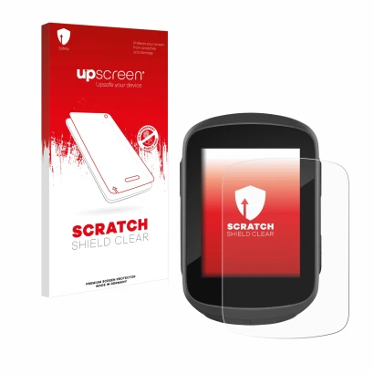 Face avant d’un emballage produit avec le logo de la marque upscreen. À côté, l’appareil Garmin Edge 130 Plus est représenté a