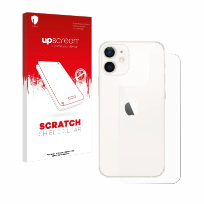 Face avant d’un emballage produit avec le logo de la marque upscreen. À côté, l’appareil Apple iPhone 12 mini (Arrière) est re